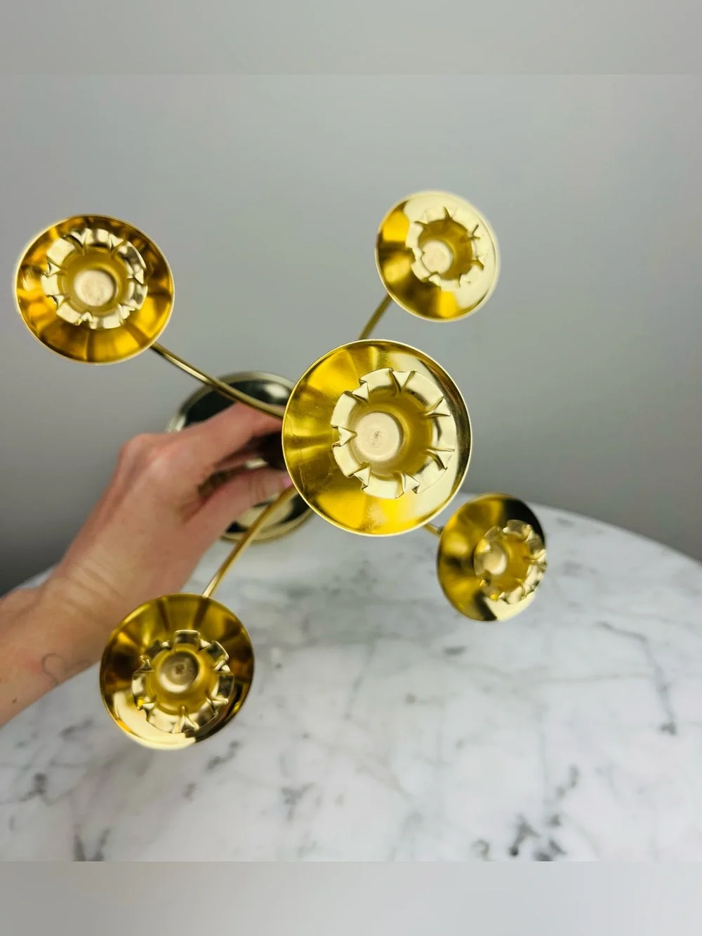 Vintage MCM Mid-Century Modern Brass & Wood Five-Arm Candelabra